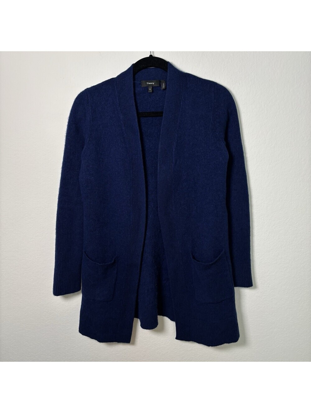 Theory 100% Cashmere Long Like Cardigan Navy Blue Women’s Size M Quiet Luxury